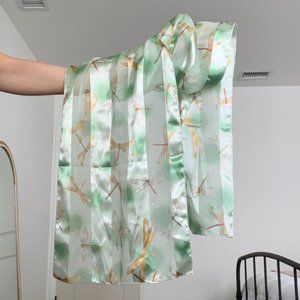 VTG Airy Sheer Green Dragonfly Scarf Sheen Striped Retro Vintage Hair Wrap
